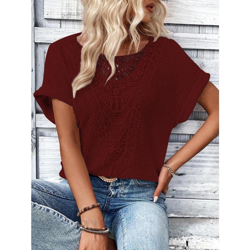 Spring Summer Lace Splicing Solid Color Loose Casual Short Sleeved Women's Clothing T-Shirts Women’s