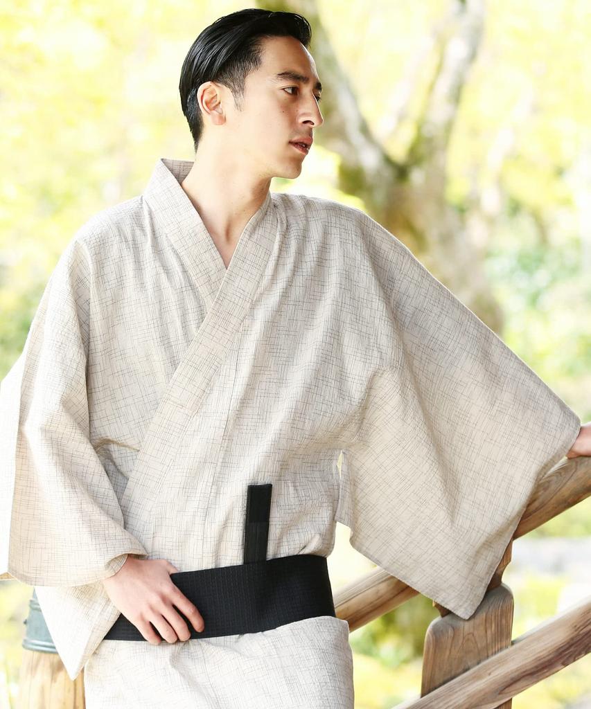 Rochelle Yukata Set Shingen Folding and Waist Size Natural Kasuri Pattern Easy To Yukata Summer Solid Japanese Men's 6-Piece (Yukata, Obi, Geta, Bag,