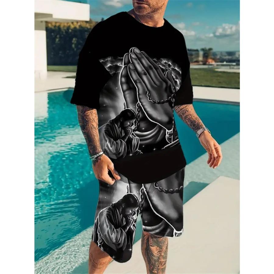 Moda Nuevo Traje de Hombre de Talla Grande Traje Estampado con Cruz Jesús Verano Fresco Transpirable Manga Corta Pantalones Cortos con Cordón Ropa de Fe
