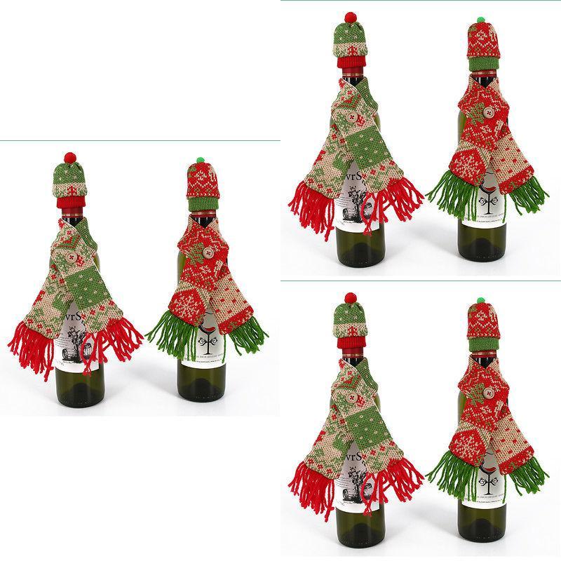 Christmas Wine Bottle Decor Set With Knitted Scarf And Hat For Holiday Celebration