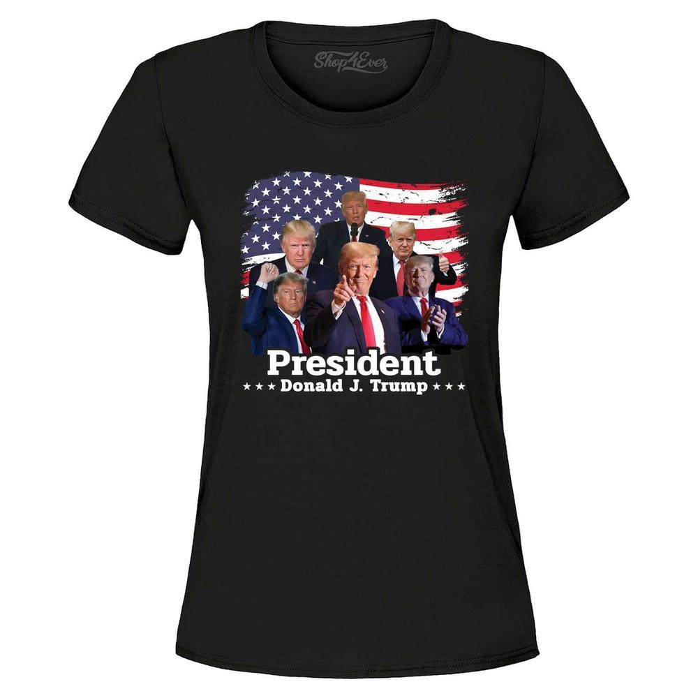 Presidente Donald J. T-shirt da Donna Montaggio Foto Trump Maglietta Bandiera Americana