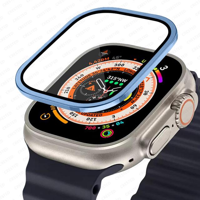 Metal Bumper+Tempered Glass For Apple Watch Ultra 49mm Band Screen Protector Anti-Scratch HD Full Film iWatch Ultra 49 Mm Strap