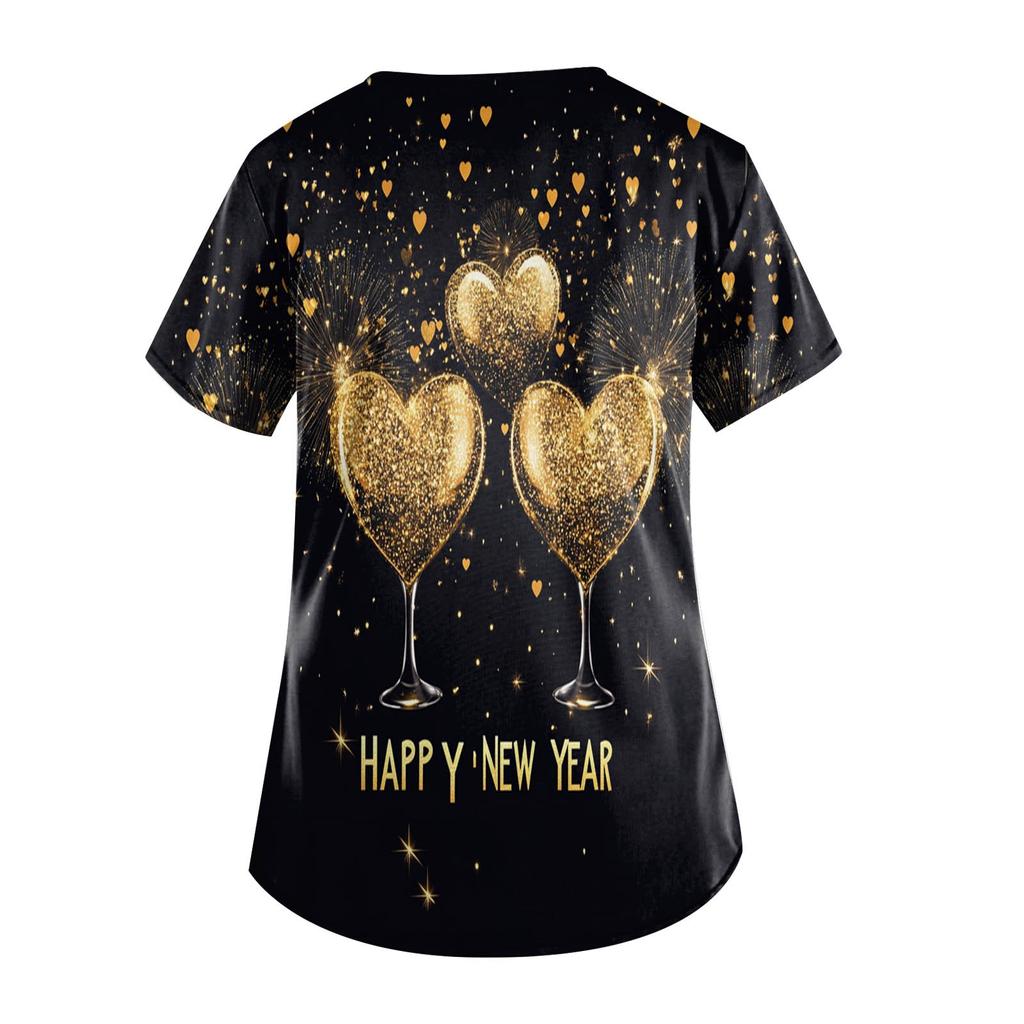 Women's Fashion New Year Printed Short Sleeve V-Neck Top Small Pocket Work T-Shirt