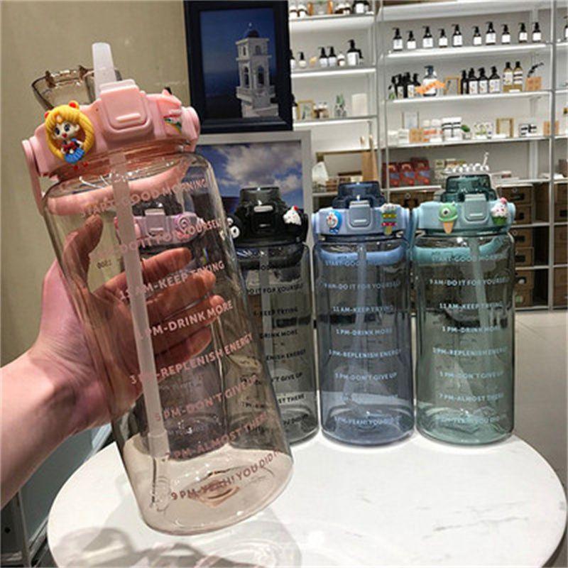 Large Capacity 2l Sports Straw Water Bottle With Time Marker And Fun Stickers