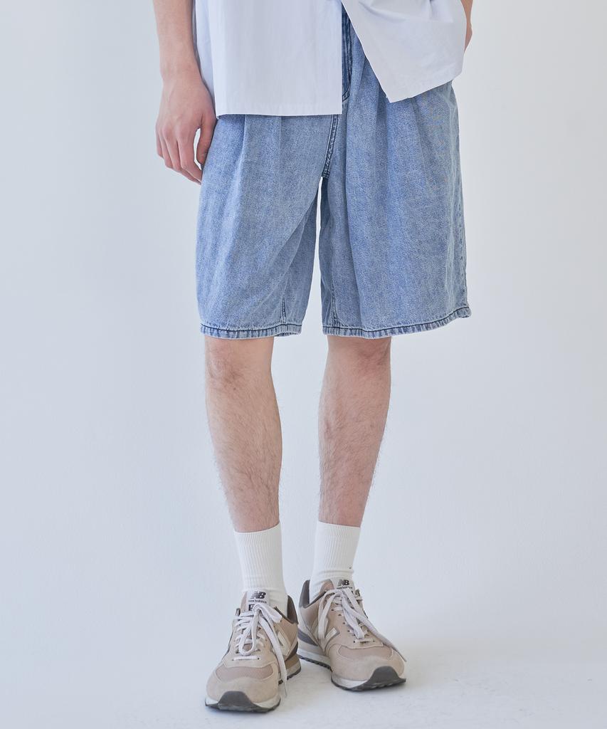 AOTT Linen Denim Wide Double-Pleat Bermuda Pants Light Blue