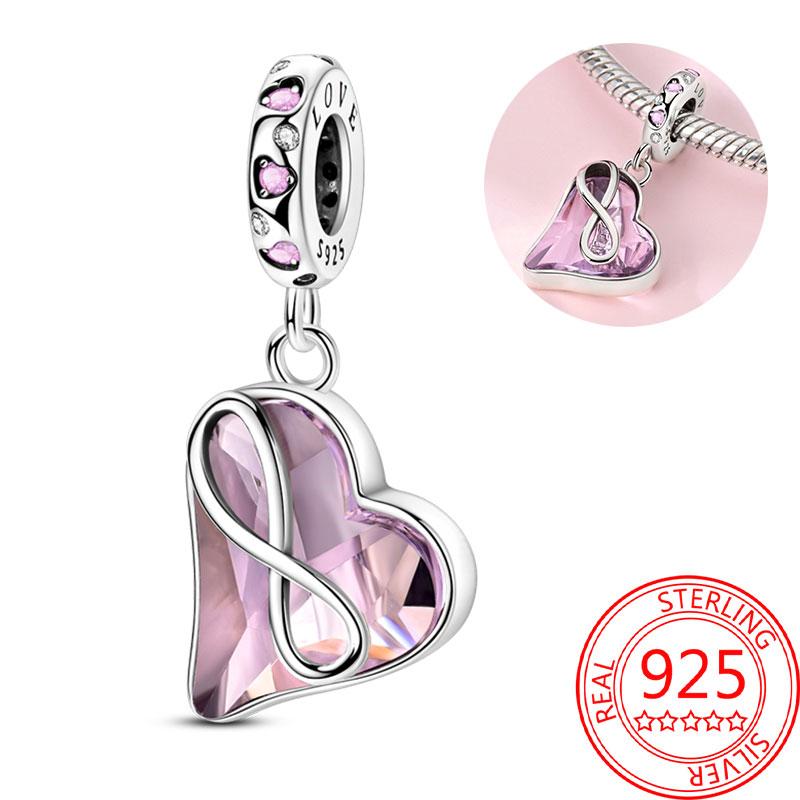 copper Sparkling Pink Heart Charm Pendant Bead Charms Compatible With Authentic Bracelets for Women Valentine Day Jewellery Gifts