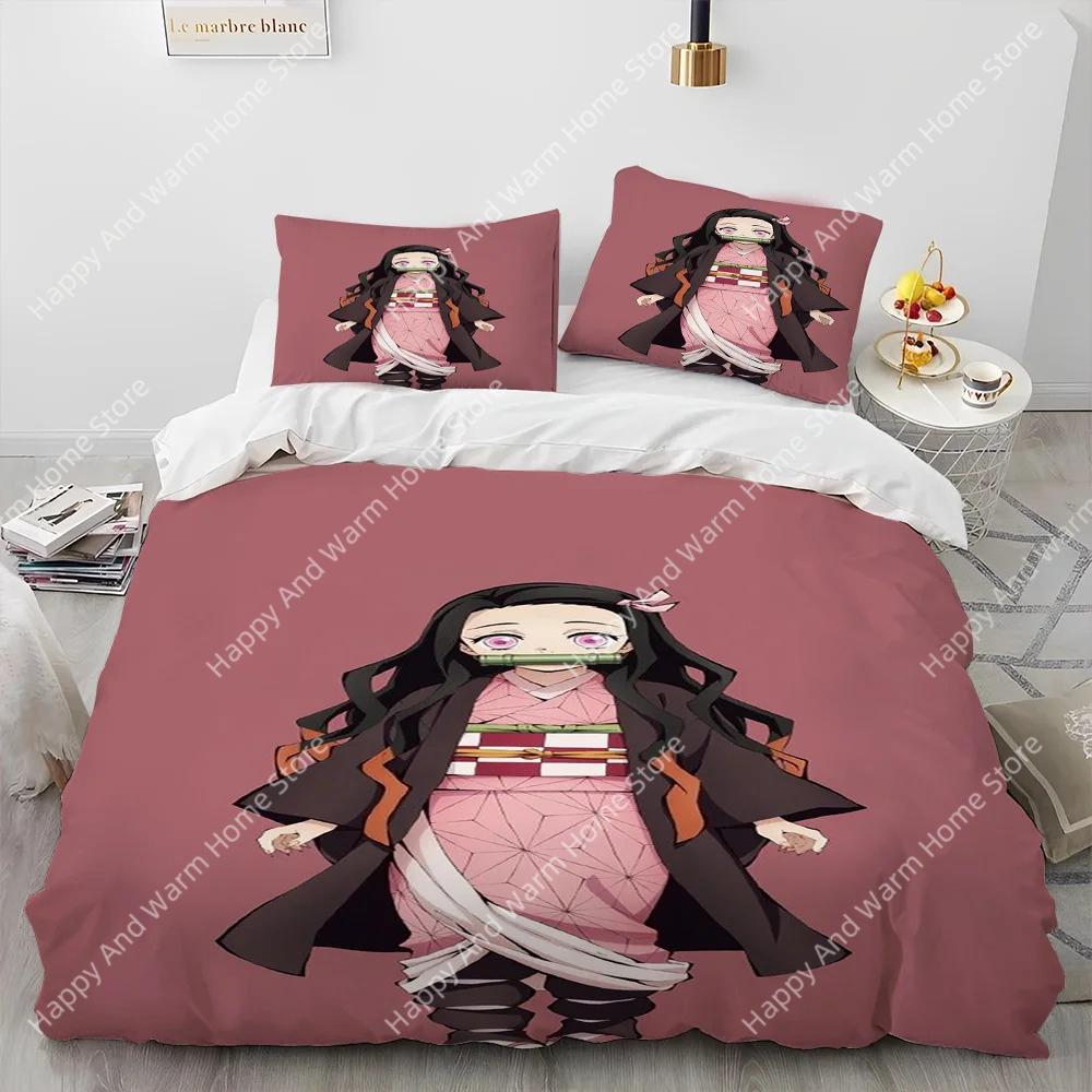 Demon Slayer Bedding Set Kamado Nezuko Duvet Cover Set Bedspread Pillowcase King Queen Full Single Size Bed Linen Boys Teen Gift
