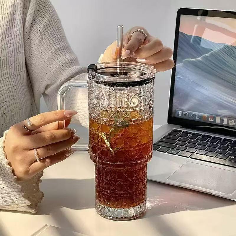 3-Piece Large Capacity Glass Cup Set, Durable Handle Straw Cup, Creative Vertical Stripe Design, Suitable for Iced Coffee