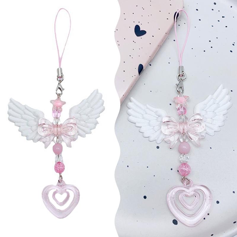 Schöne Flügel Bogen Herz Mobile Strap Telefon Anhänger Kette Für Mädchen Frauen Süße Keychain Taschen Dekorative Accessoires Geschenke