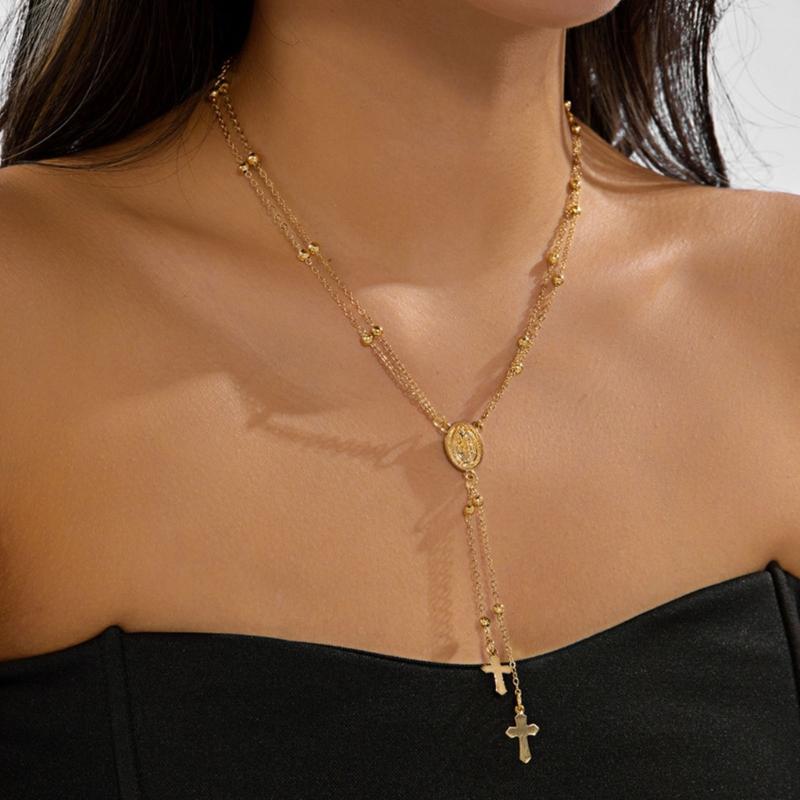 Holy Mother Crucifix Pendant On Y Shape Double Layer Chain Necklace Alloy Jewelry For Stylish And Meaningful Wear