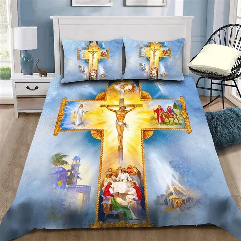 3D Jesus Dynetrekk sett Christian Sacred Jesus Polyester Sengesett Cross Dynetrekk Passer for Christian Jesus King