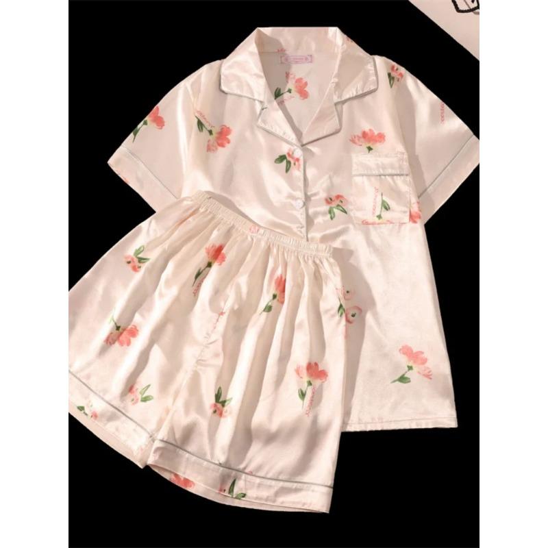 Casual Pajamas Women's Summer Thin Girl's Home Lapel Cardigan Two-piece Set Fashion Pyjamas Women Homewear