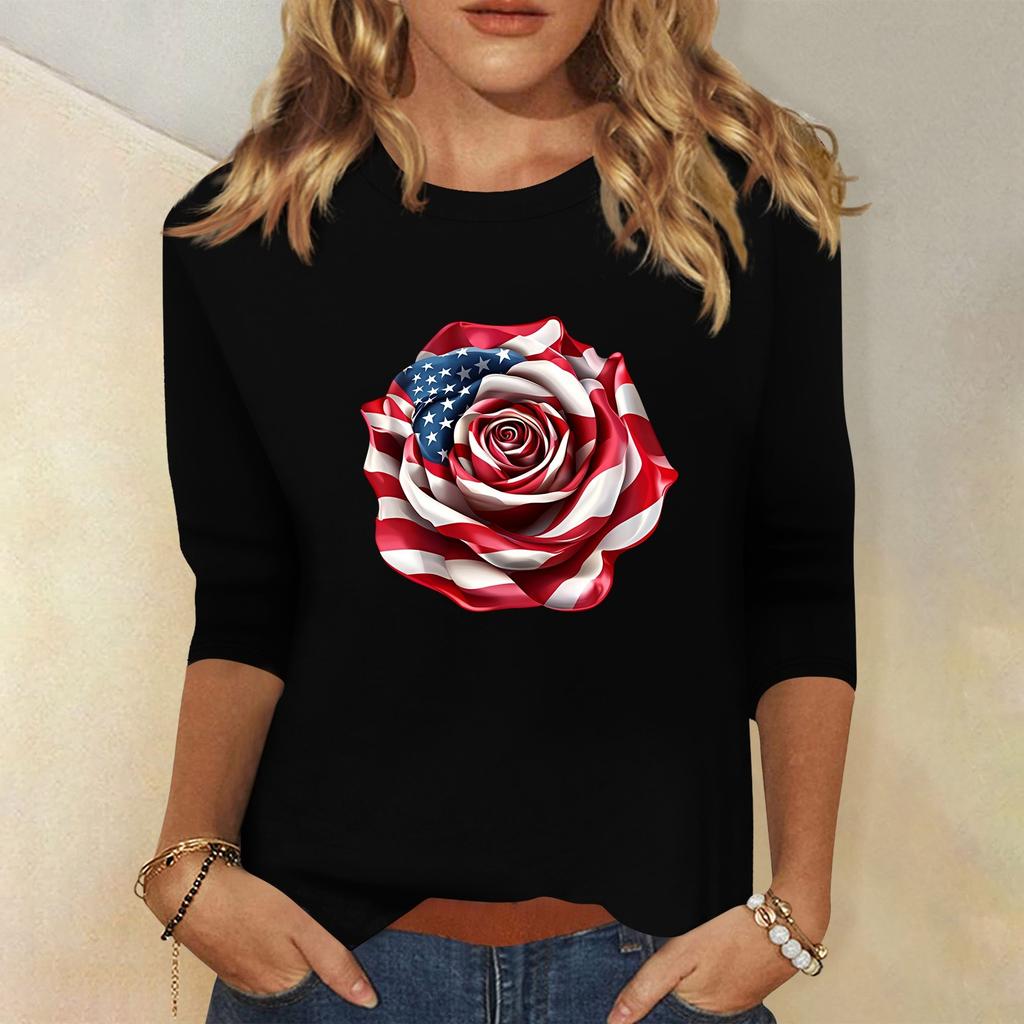 Women's Fashion Casual Round Neck 3/4 Sleeve Loose Independence Day Printed T-Shirt Ladies Top