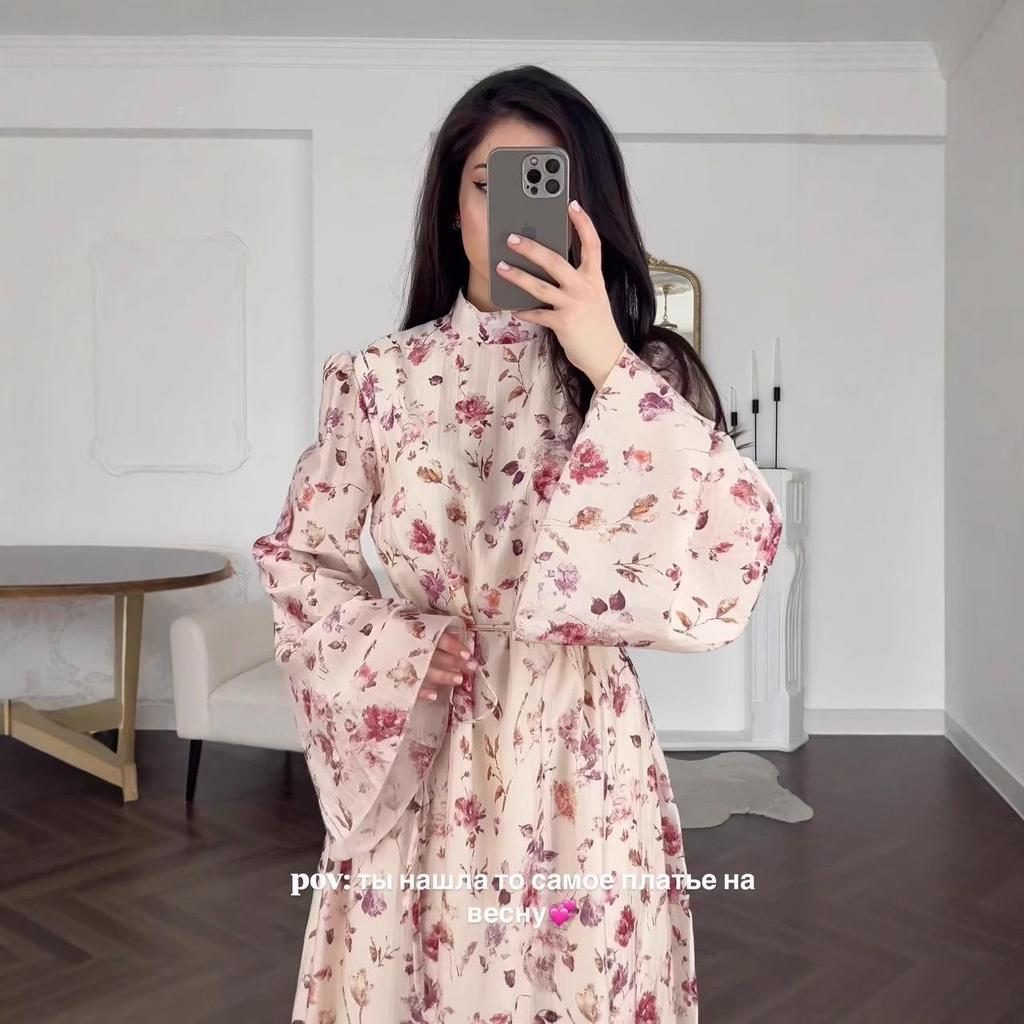 2025 Autumn Floral Trumpet Sleeve Semi-high Neck Slim Fit French Long Dress for Women