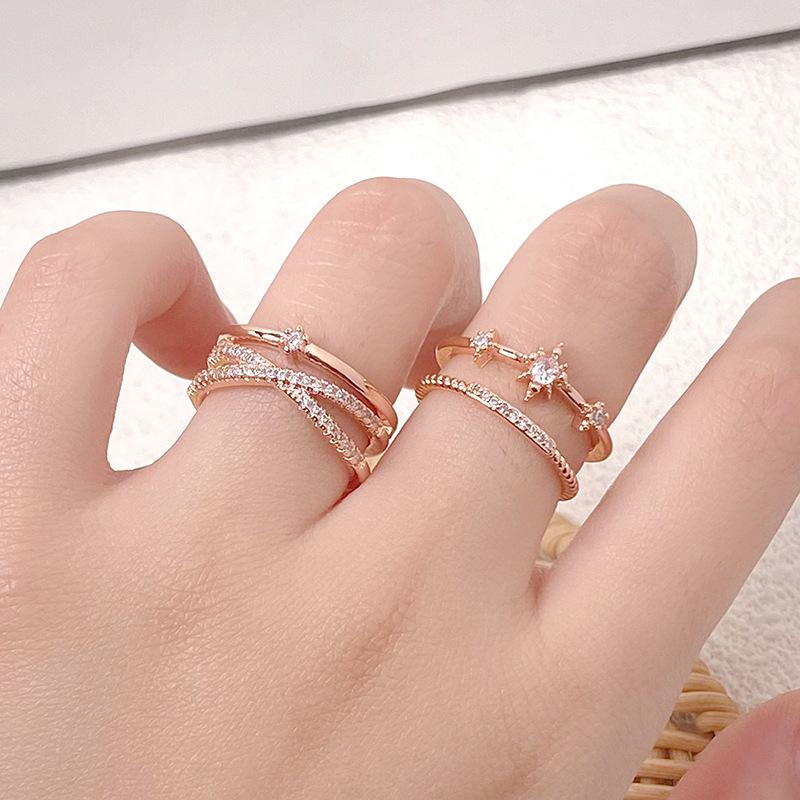 Rose Goud Licht Luxe Vol Met Diamanten Zirkoon Meerlaags Gestapelde Open Ring Vrouwelijke Persoonlijkheid Niche Wijsvinger Ring Persoonlijkheid Ring