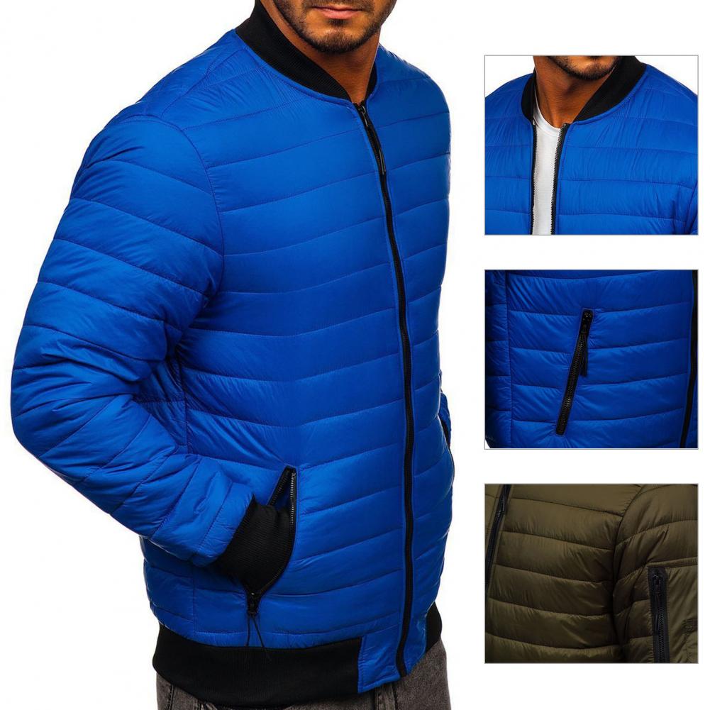 Men Coat Solid Color Padded Long Sleeve Men Jacket Warm Zip-up Elastic Hem Winter Jacket Men's Clothing For Daily Wear