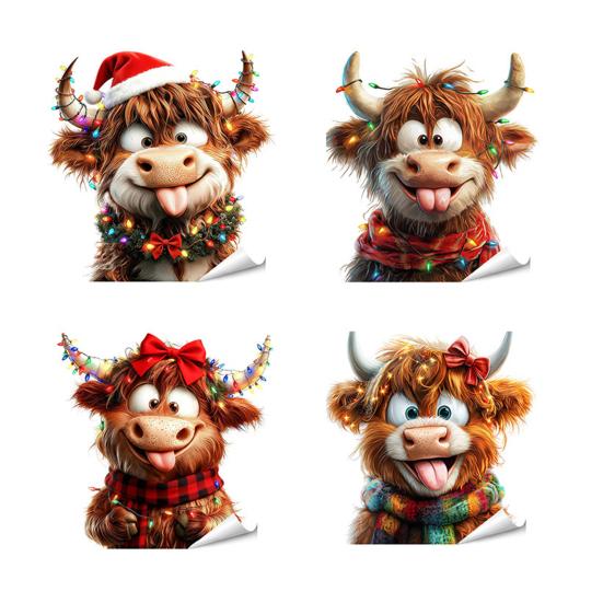 4Pcs/Set Christmas Highland Cow Window Cling Removable Waterproof Santa Hat Highland Cattle Static Glass Sticker Holiday Party Decoration Decal