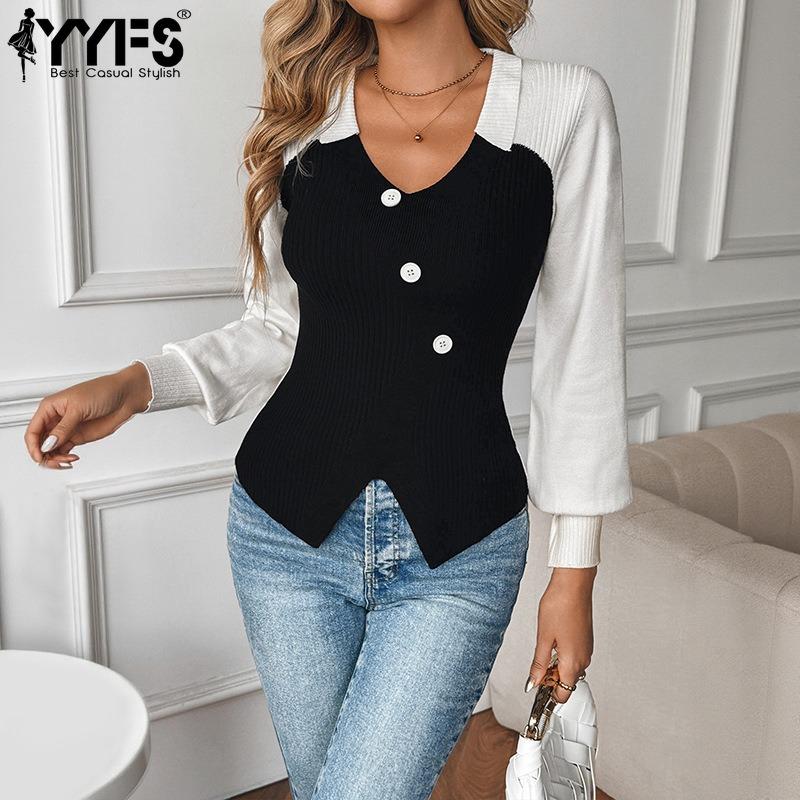 YYFS Women's Fashion Casual Fall Winter Colour Block Print Long Sleeve V-Neck Sweaters
