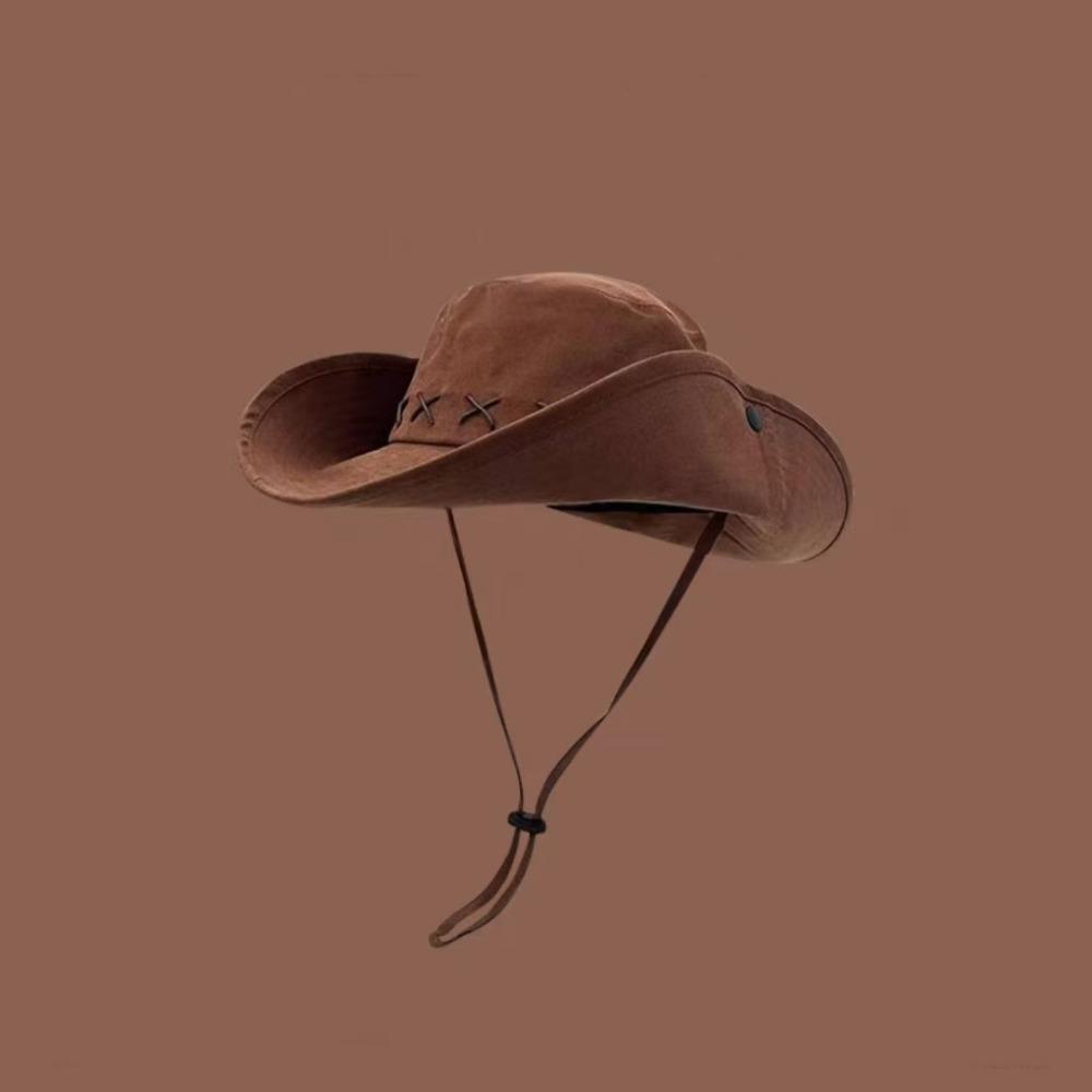Fashion Breathable Western Cowboy Hat Solid Color Adjustable Wide Brim Sun Hat Climbing Retro Fisherman Sunshade Cap Woman