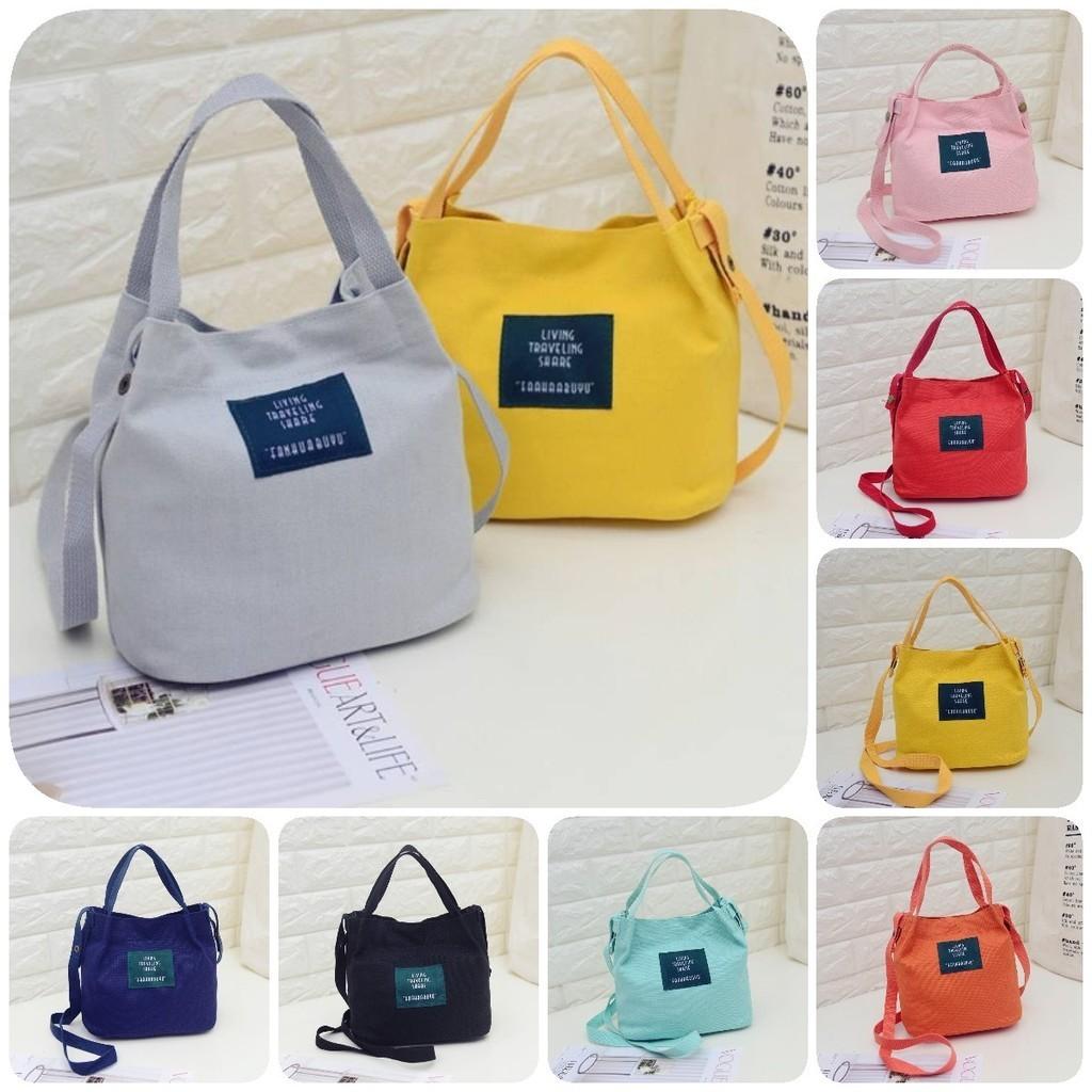 Stylish Korean Canvas Bucket Bag Candy Colors Small Tote For Women