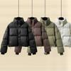 Damen Kurz-Daunenjacke mit Stehkragen aus PU-Leder Lockerer Saum mit Kordelzug Dicke Warme Winter Stepp-Oberbekleidung Jacke