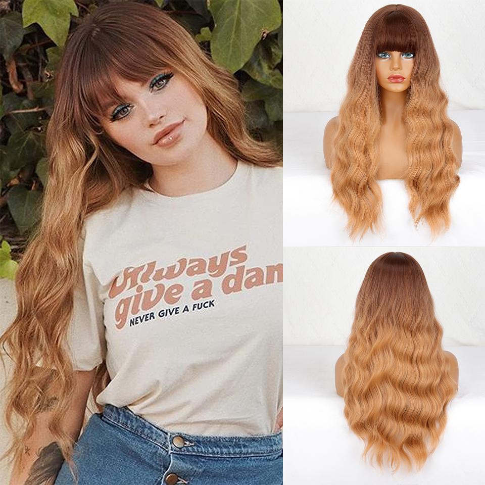 XINRAN Women Long Wavy Wig with Bangs Synthetic Fiber Natural Water Wave Black Long Wig for Daily Wear Cosplay
