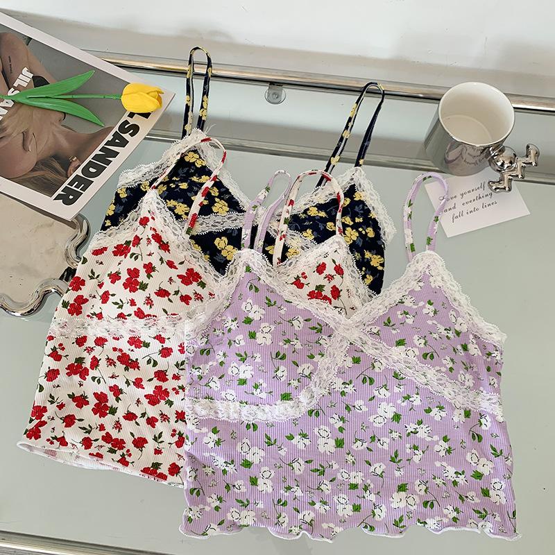 #Summer Sweet Small Fresh Floral Pure Desire Vest Short Top Girl V-neck Lace Splicing Small