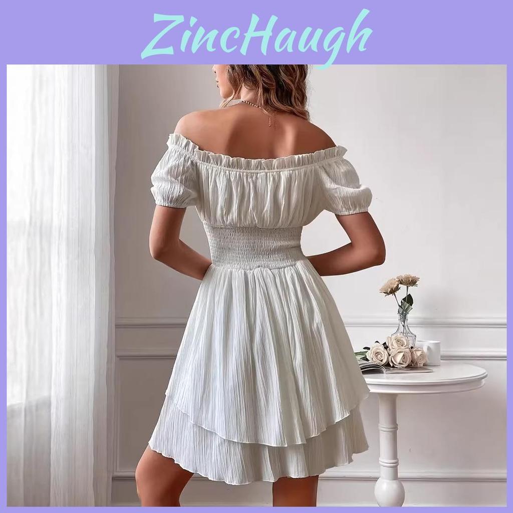Klassieke Zomerjurk Met Ruches En Pofmouwen Voor Casual Kleding voor Dames