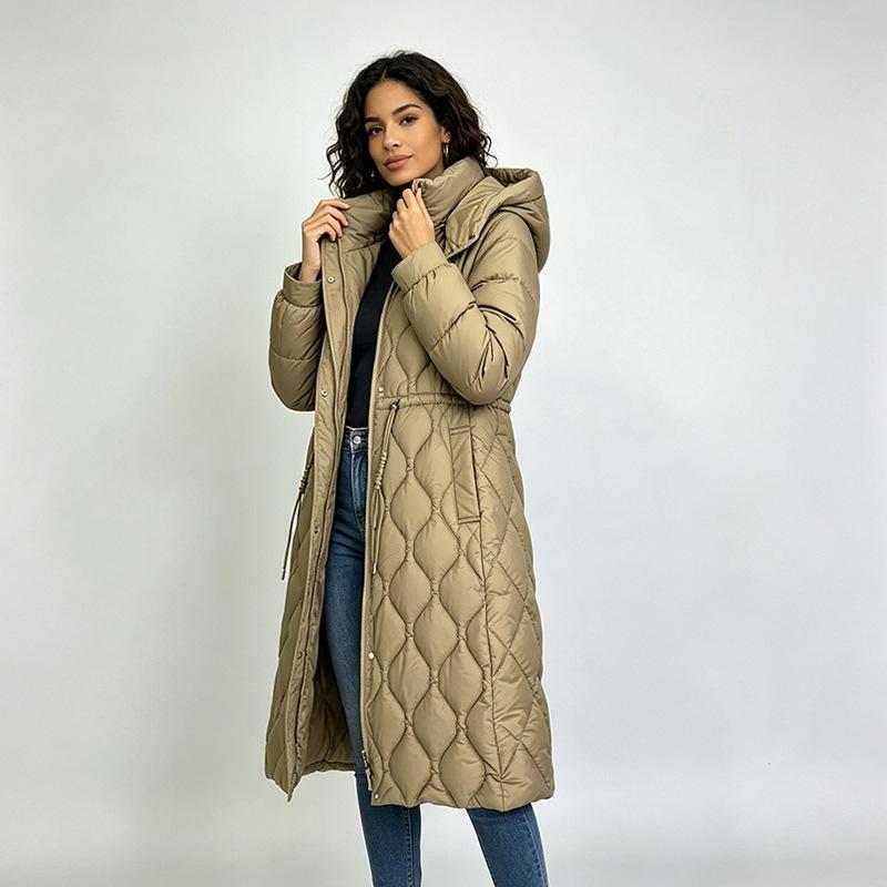Women's Mid-Length Over-the-Knee Padded Coat, Stand Collar Hooded with Elastic Waist, Slim Fit, Warm Cold-Proof Winter Outerwear