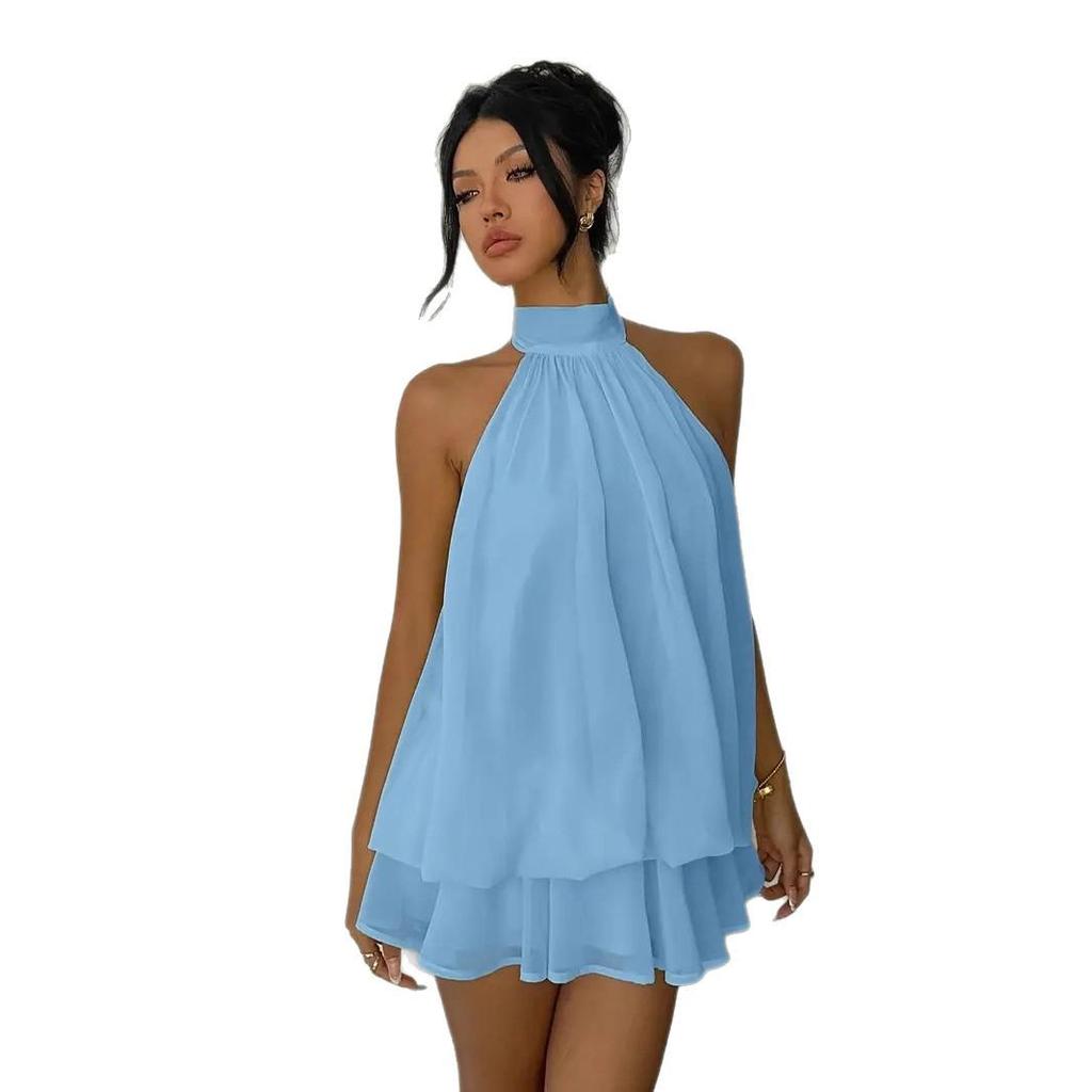 Women's Cross-Border Halter Backless Dress with Waist Tie and Fluffy Short Skirt