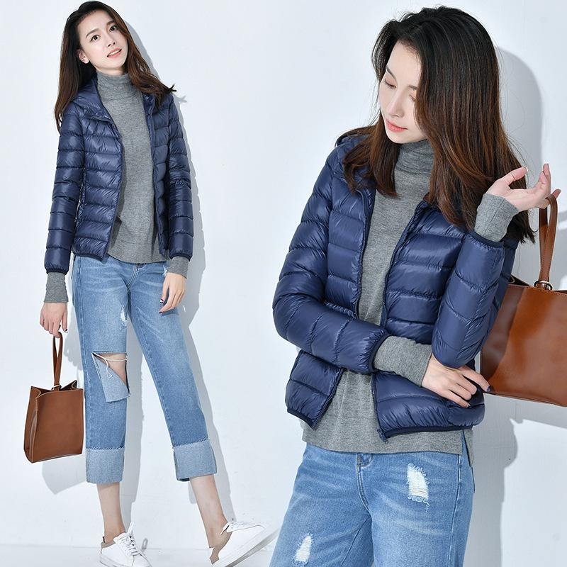 Giacca in piumino ultra-sottile invernale da donna, leggera e corta, vestibilità slim, con cappuccio, taglia grande, ultraleggera e imbottita, giacca slim-fit per coppia