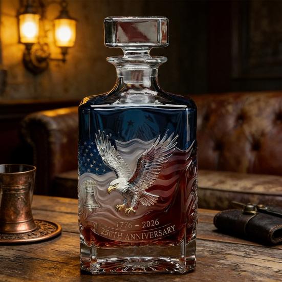 Proud Anniversary Decanter with Round Glass Engraved Historical Pattern Commemorative Wine Bottle Collectible Gift for History Buffs