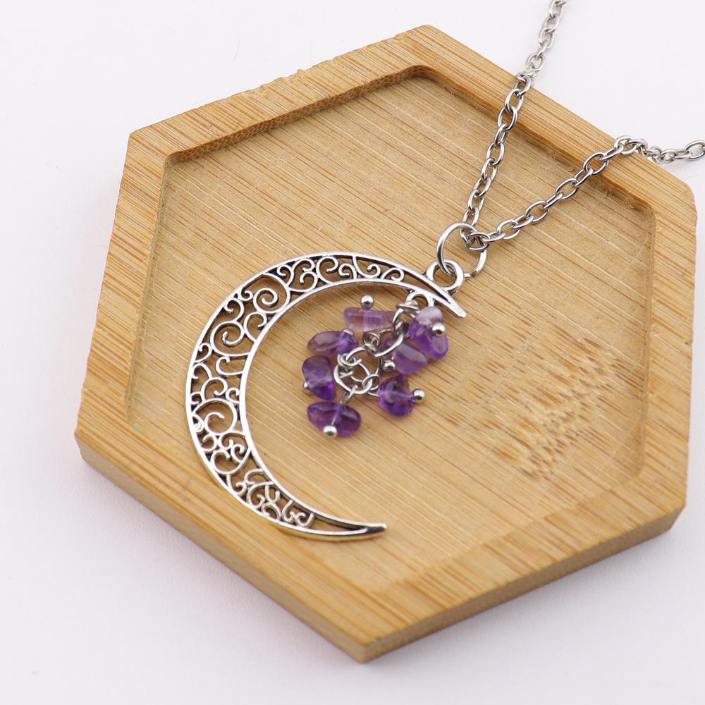 Handmade Crochet Moon Crystal Tassel Grape Cluster Natural Stone Necklace