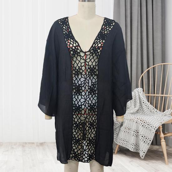 Cover Up Dress V-neck Long Sleeve Hollow Splicing Design Beach Cover Up Dress Pure Color Poolside Beachwear