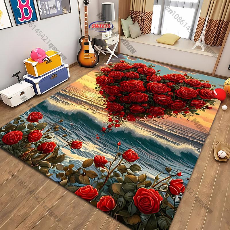 Romantic Rose Heart Rugs for Living Spaces Carpet for Home Sofa Bedroom, Gift Mat