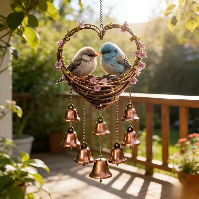 Heart Shaped Bird Wind Chime Set Hanging Metal Bells for Outdoor Garden Patio Unique Yard Decoration for Home