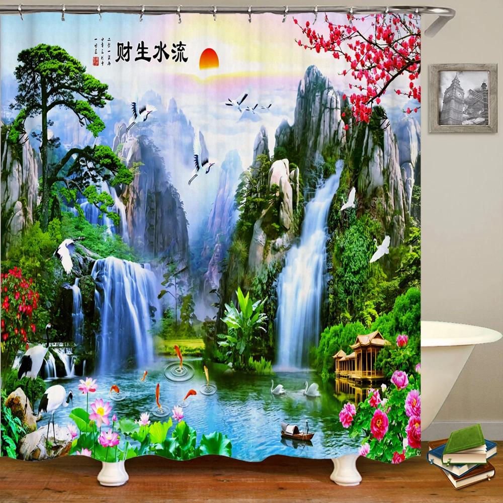 Nature Forest Waterfall 3D Shower Curtain Landscape Bathroom Curtains Waterproof Fabric With Hooks Home Decoration Bath Curtain
