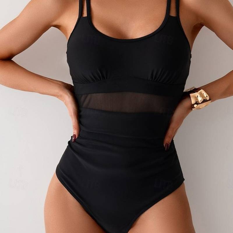 Costum de baie dintr-o piesă pentru femei cu plasă, decolteu adânc în V, push-up, pentru înot și activități sportive