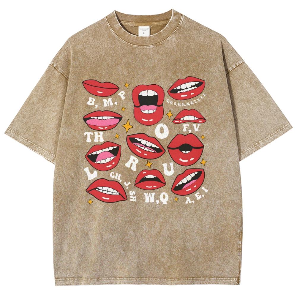 Red Cartoon Lip Print Women's T-Shirt Loose Wash Oversized Unisex Crew Neck Short Sleeve Design Vintage Top Tee