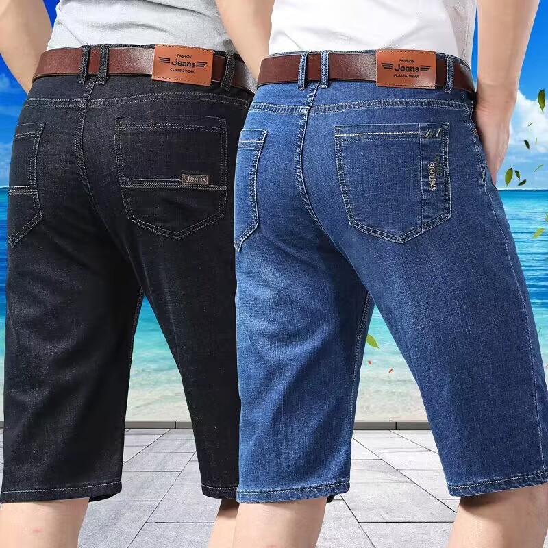 شورت جينز رجالي صيفي رقيق مطرز للأعمال غير رسمي مستقيم قصير جينز ملابس باللون الأسود والأزرق