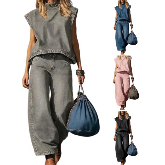 Sommarset i 2 delar i denim för kvinnor med kort ärm, hög krage och vida byxor. Avslappnat löst loungewear-set.