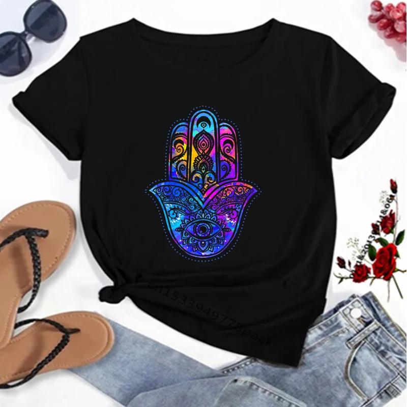 Hamasa Hand of Fatima Print Women's T-Shirts Lucky Hamsa Hand Harajuku Unisex T Shirts Summer Short Sleeve Black Top Tees Female