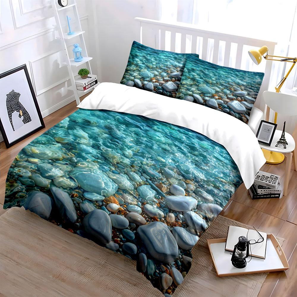 "Ocean-Themed Decorative Set Stones" Multiple Sizes Kid's and Adults' Bedroom Exquisite 3PC Bedding Set Gift