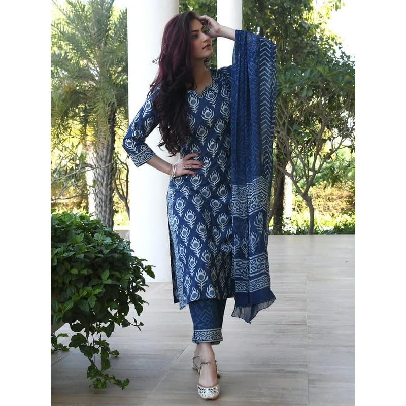 Pinkmint Indigo Printed Kurta Set for Women Ll Kurta Pant & Dupatta Suit Set