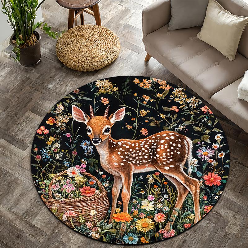 Forest Flower Deer Theme Flannel-printed round floor mats are slip-resistant Suitable living room bedroom terrace garden carpets