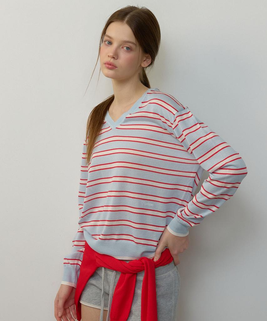 CITYBREEZE Linen V-Neck Striped Pullover Knit_Blue