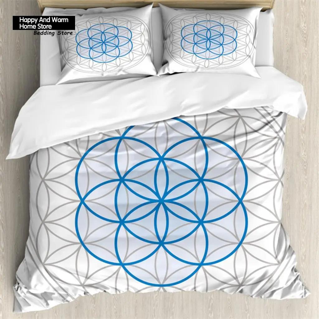 Dark Blue Duvet Cover Flower of Life With Stars Geometry 3 Piece Bedding Set Abstract 3D Print Spiritual Symbol Sacr Quilt Cover