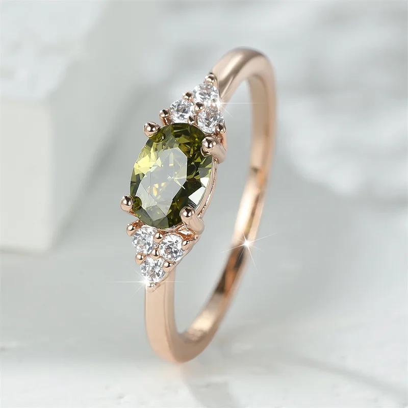 Small Olive Green Stone Ring for Women Rose Gold Color Oval Zircon Minimalist Stacking Thin Ring for Party Wedding AVE