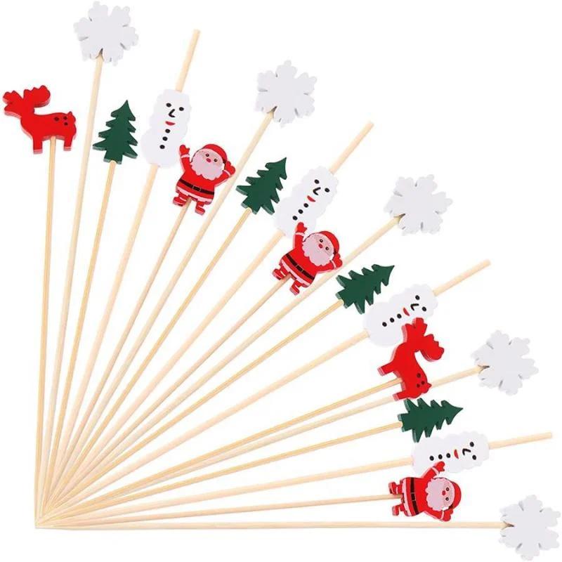 100Pcs Christmas Disposable Bamboo Skewers Food Picks Fruit Fork Party Cake Dessert Salad Sticks Toothpick Skewer