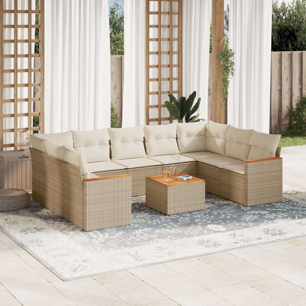 10 Piece Garden Sofa Set with Cushions Beige Poly Rattan